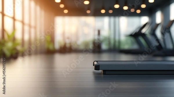 Obraz Modern gym interior with treadmill and bright sunlight streaming in