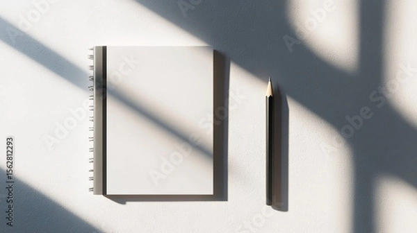 Obraz Blank Notebook and Pencil on Minimalist Background with Shadows