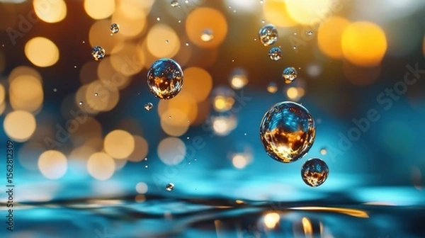 Obraz Floating Water Droplets with Bokeh Background and Sparkling Lights