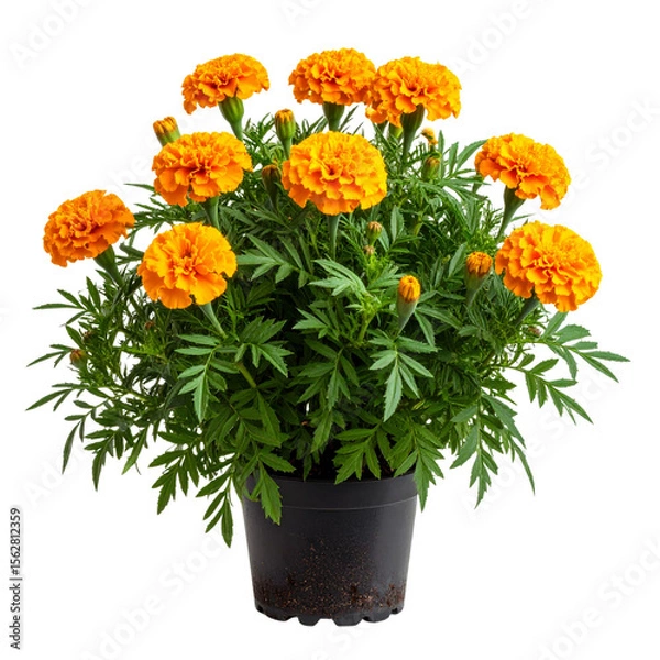 Fototapeta Full Tagetes Erecta Plant with Multiple Orange Blossoms and Green Foliage, Front View, isolated on white background PNG