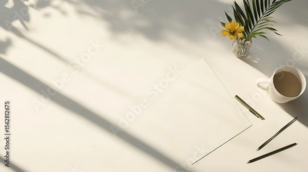 Obraz Creative Workspace with Coffee, Paper, and Fresh Flowers in Sunlight