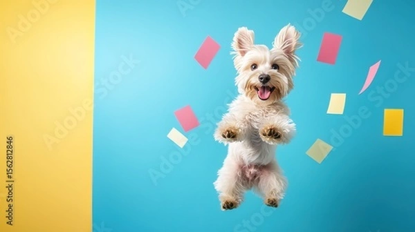 Obraz Happy Dog Jumping with Colorful Paper Confetti in Bright Studio