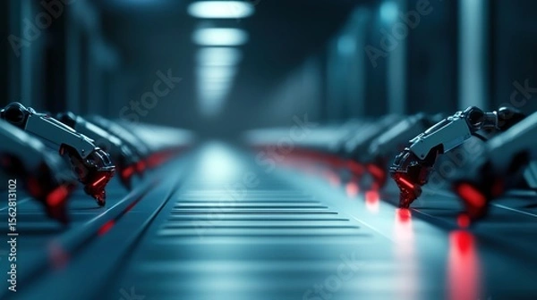 Obraz Robotic Arms in Futuristic Production Line with Glowing Details