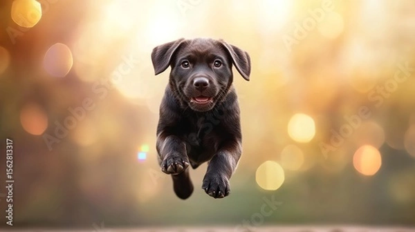 Obraz Playful Black Puppy Leaping Through a Sunlit Outdoor Scene
