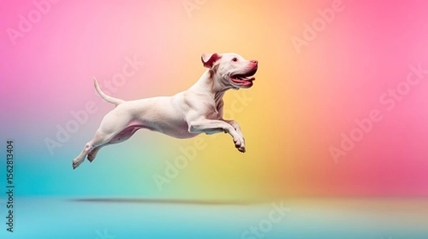 Obraz Happy White Dog Leaping Against Colorful Gradient Background