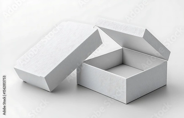 Obraz Open White Cardboard Box with Hinged Lid on Minimal Backdrop

