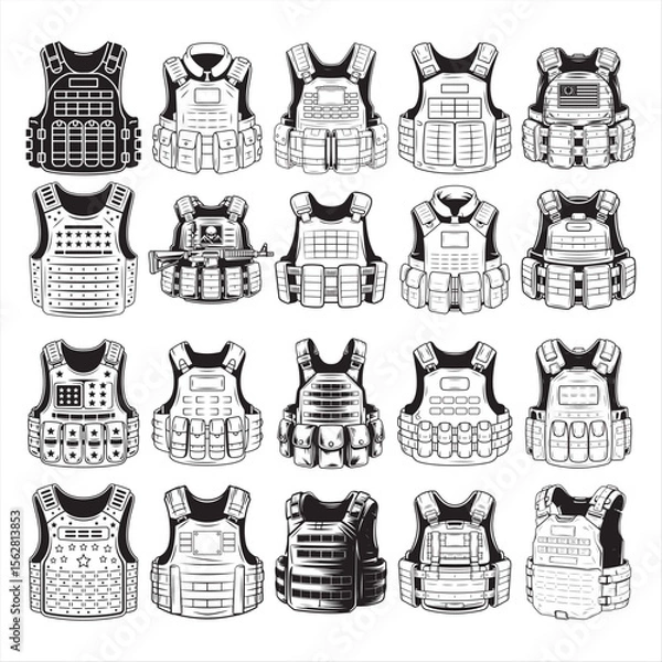 Obraz Collection of Various Bulletproof Vests in Lineal Hand-Drawn Style