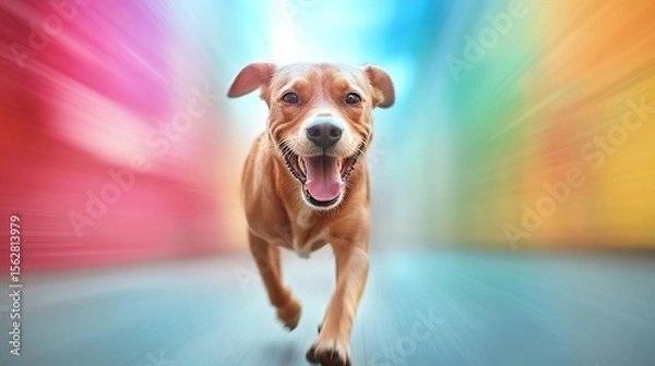 Obraz Happy Dog Running in Colorful Alleyway with Motion Blur Effect