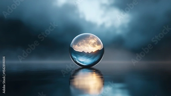Obraz Crystal Ball Reflecting Scenic Landscape and Dramatic Sky at Dawn