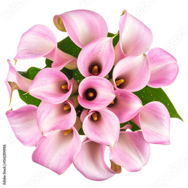 Fototapeta  Bouquet of pastel pink calla lilies arranged in a spiral, isolated on white background PNG
