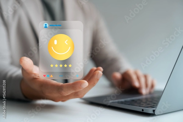 Fototapeta customer satisfaction, Customer giving five-star rating with smiling emoji on digital interface, representing excellent user experience, service feedback, online review, and brand loyalty.