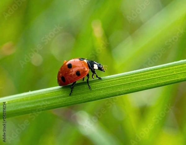 Fototapeta Ladybug on Green Grass Blade