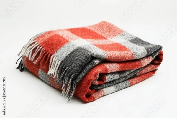 Obraz Folded plaid wool throw blanket against white background