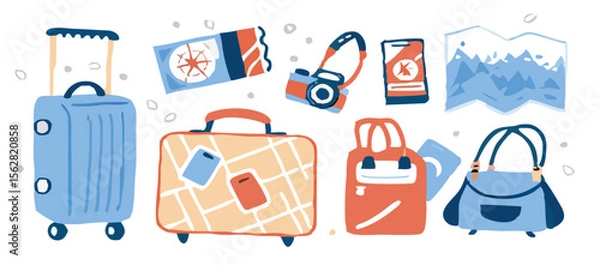 Obraz Set of travel icons. Traveler suitcase with stickers. Bag, map, camera, tickets, phone, hat, airplane, compass and airplane with linear flying route. Vector objects isolated on blue background. 