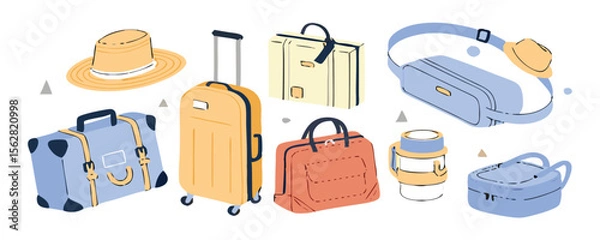 Obraz Set of travel icons. Traveler suitcase with stickers. Bag, map, camera, tickets, phone, hat, airplane, compass and airplane with linear flying route. Vector objects isolated on blue background. 