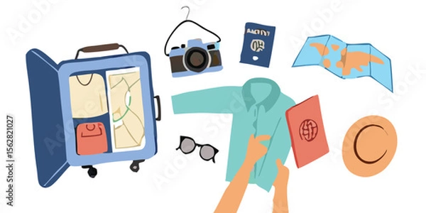 Obraz Set of travel icons. Traveler suitcase with stickers. Bag, map, camera, tickets, phone, hat, airplane, compass and airplane with linear flying route. Vector objects isolated on blue background. 