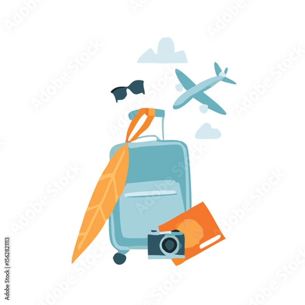 Obraz Set of travel icons. Traveler suitcase with stickers. Bag, map, camera, tickets, phone, hat, airplane, compass and airplane with linear flying route. Vector objects isolated on blue background. 