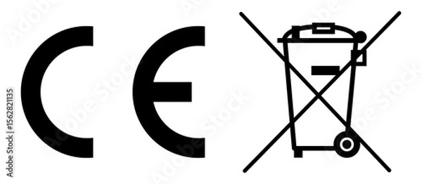 Fototapeta CE marking and crossed out wheeled bin icons. Used on electronics for compliance and recycling standards in the EU. Clean black vector symbols for packaging, labels, and regulatory des. icons, vector.