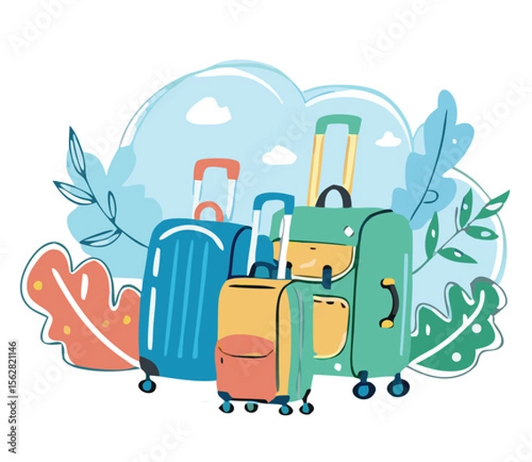 Obraz Set of travel icons. Traveler suitcase with stickers. Bag, map, camera, tickets, phone, hat, airplane, compass and airplane with linear flying route. Vector objects isolated on blue background. 