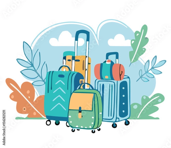 Obraz Set of travel icons. Traveler suitcase with stickers. Bag, map, camera, tickets, phone, hat, airplane, compass and airplane with linear flying route. Vector objects isolated on blue background. 