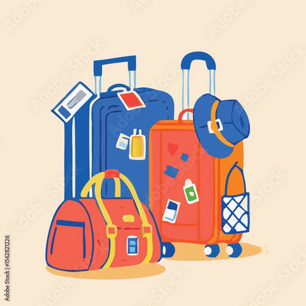 Obraz Set of travel icons. Traveler suitcase with stickers. Bag, map, camera, tickets, phone, hat, airplane, compass and airplane with linear flying route. Vector objects isolated on blue background. 