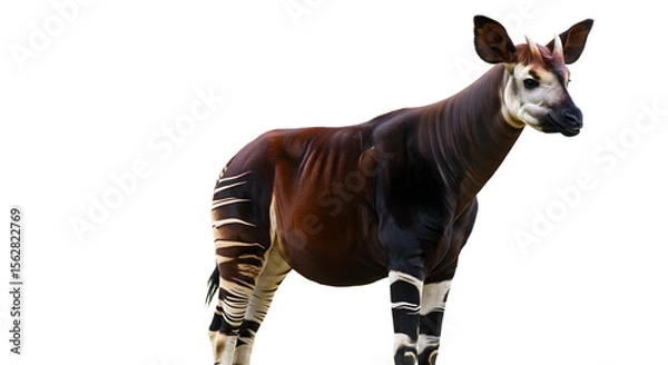 Obraz 白背景に立つ全身姿の希少動物オカピ、高精細でしま模様と優雅な体形を捉えた熱帯雨林の絶滅危惧種ポートレート写真 - 生成AI
