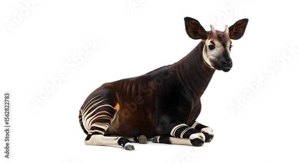 Obraz 白背景に座ってリラックスする希少動物オカピの全身高解像度ポートレート、特徴的なしま模様と滑らかな毛並みが美しい熱帯雨林の絶滅危惧種の静かな姿 - 生成AI