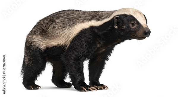 Obraz ラーテル（ミツアナグマ）が白背景に立っている姿。特徴的な白と黒の毛並みと鋭い爪を持つ野生動物の横向き全身ショット -生成AI
