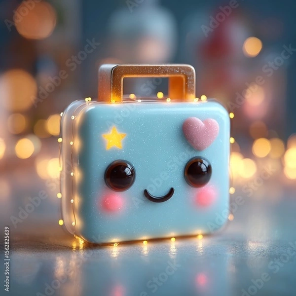 Fototapeta Cute Kawaii Style Suitcase Character Surrounded by Bokeh Lights