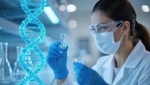 Fototapeta Scientist in protective gear examines glowing blue dna helix and vials in a modern research laboratory
