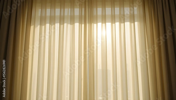 Fototapeta A view of light shining through closed sheer curtains in a room during the daytime