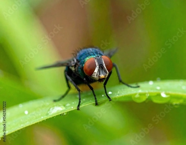 Fototapeta Close-up of a Bluebottle Fly on a Green Leaf