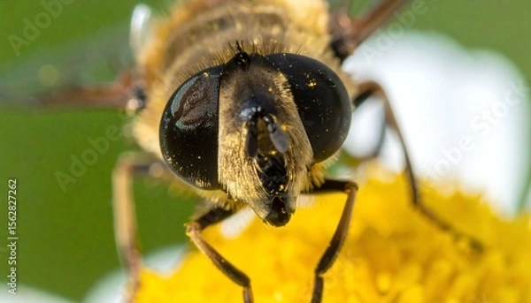 Fototapeta Hoverfly Face Close-up on Yellow Flower