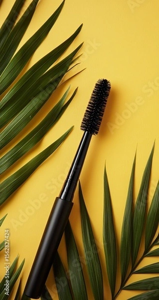 Fototapeta Black mascara wand on a yellow background with palm leaves