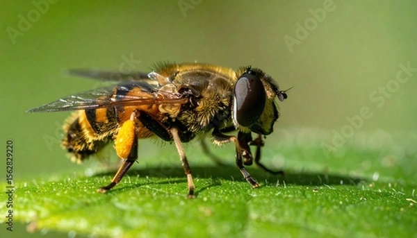Fototapeta Hoverfly on a Green Leaf