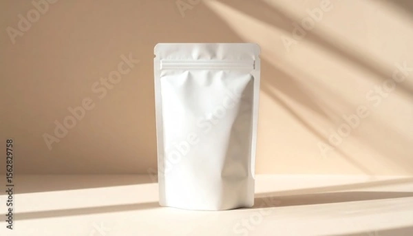 Fototapeta Blank white stand-up pouch mockup with zipper on beige background with window shadow
