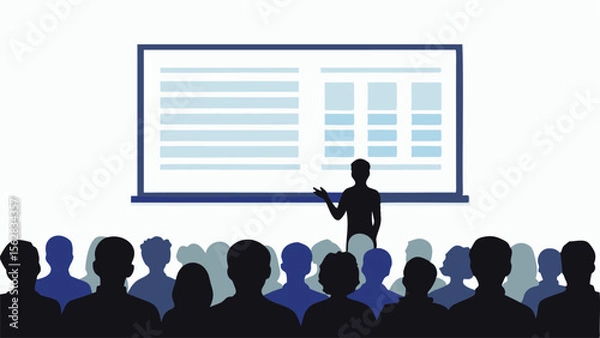 Fototapeta Silhouette of a presenter giving a presentation to an audience in front of a screen with charts and text