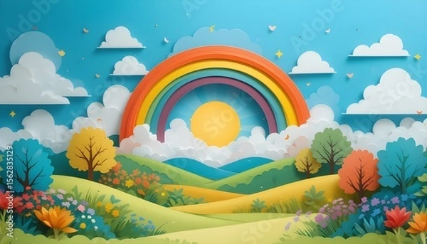 Fototapeta Rainbow Dreams: 3D Summer Landscape with Blue Sky and Cloudscape in Paper Cut Style