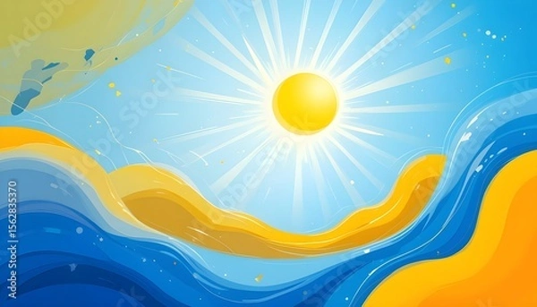Fototapeta Abstract Blue and Yellow Summer Background with Radiant Sun Rays for Seasonal Vector Design