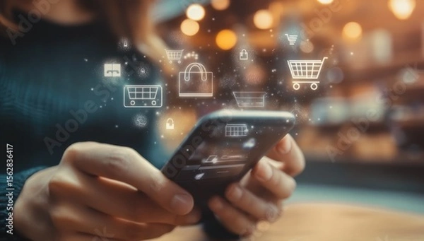 Fototapeta Close-up of hands holding a phone, with e-commerce icons overlayed
