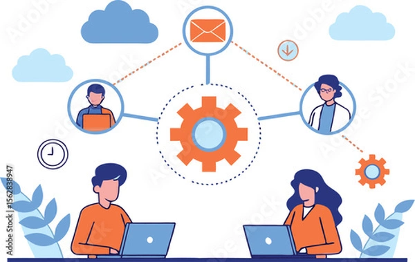 Fototapeta Diverse team collaborating remotely using laptops and cloud technology with gears and email icons symbolizing workflow and communication isolated on transparent background