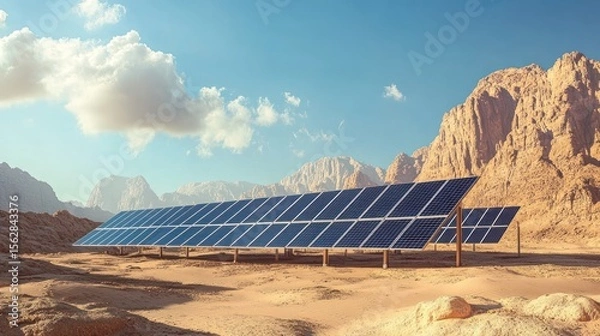 Fototapeta Solar panels in desert landscape under a clear sky.
