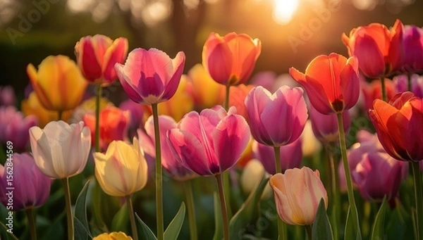 Obraz Vibrant tulip field at sunset