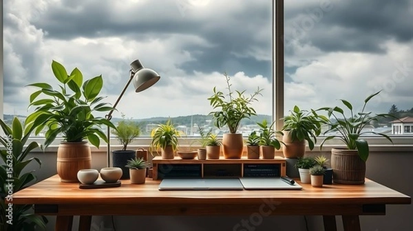 Fototapeta Scenic Home Office Setup with Plants and Dual Laptops – Modern Indoor Workspace Design