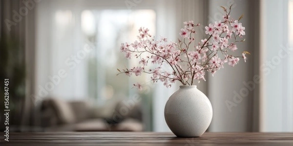 Fototapeta Delicate pink blossoms in a simple, round white vase rest on a dark wood surface against a blurred, bright interior background