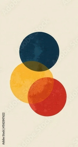 Fototapeta Three overlapping circles in shades of red, yellow, and blue on a beige background, evoking a sense of balance and simplicity