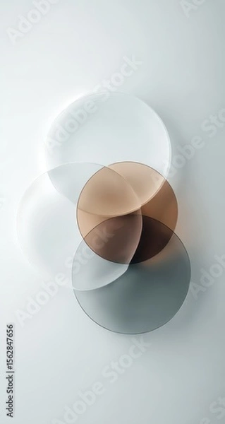 Fototapeta Translucent circles overlap, creating an abstract composition of varying shades of gray and brown against a bright white backdrop