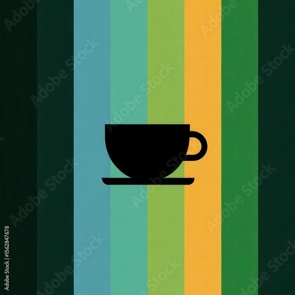 Fototapeta Silhouette of a coffee cup and saucer on a vertically striped background of muted greens, blues, and yellows