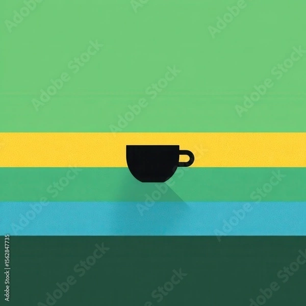 Fototapeta Minimalist graphic of a black coffee cup centered on a multi-colored horizontal striped background with a long shadow