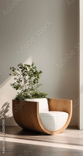 Fototapeta Modern, minimalist armchair with a built-in planter showcasing a small potted plant, bathed in sunlight against a neutral wall